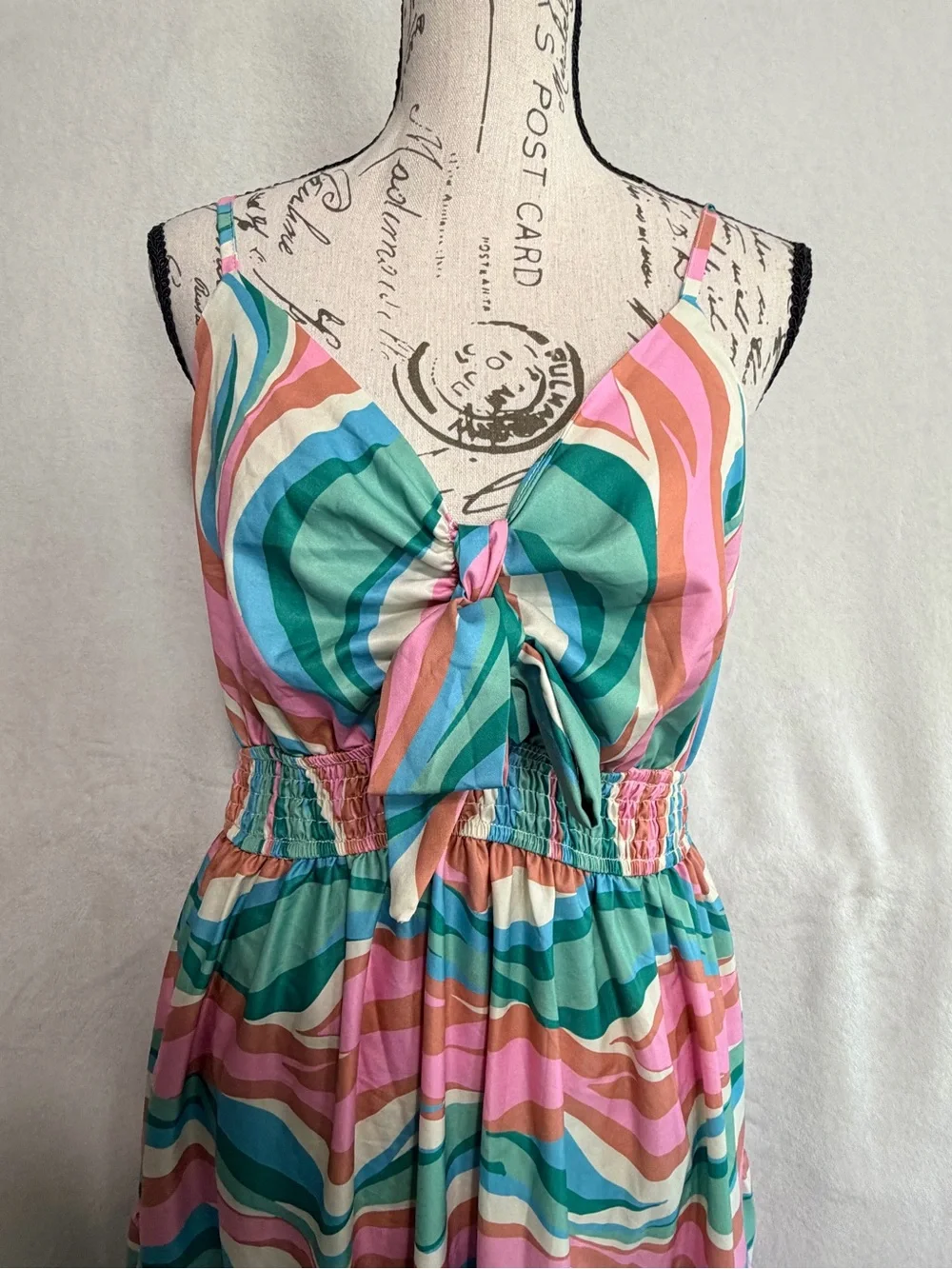 Grace and Emma Boutique Wavy Stripe Pink & Teal Maxi Dress with Front Tie - Picture 3 of 10
